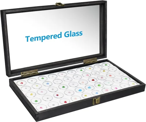 Vista 3 de MOOCA Caja de exhibición de joyería negra con tapa de cristal, 50 frascos de gemas, caja de anillos, organizador de joyas, almacenamiento de tarros