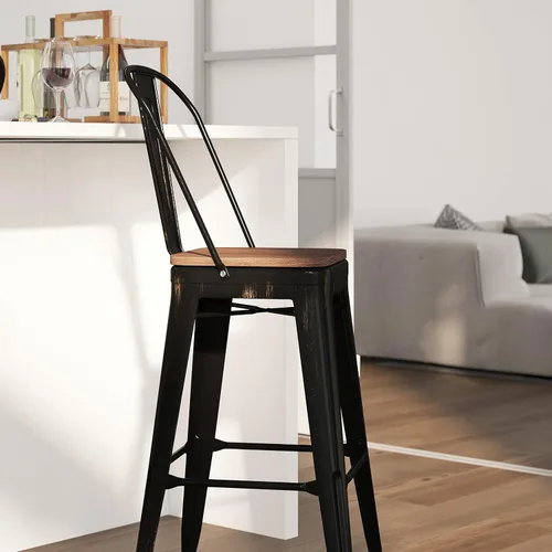 Vista 4 de Merrick Lane Amsterdam Taburete de bar – Silla de bar de metal negro antiguo con asiento de madera – Taburete de cocina con respaldo curvado