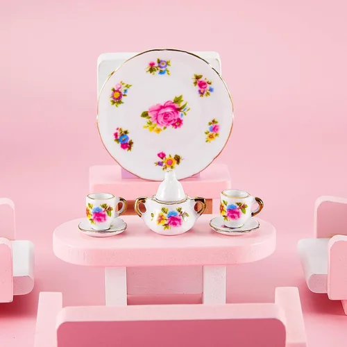 Vista 5 de Skylety Juego de tazas de té para casa de muñecas 1:12, accesorios de porcelana en miniatura, 8 piezas de porcelana en miniatura, diseño de flores
