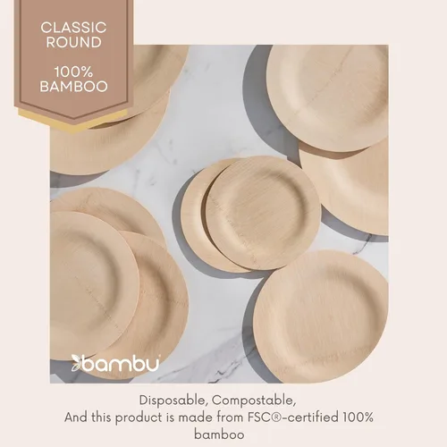 Vista 3 de Bambu, Platos redondos desechables de bambú de 7 pulgadas, orgánicos, biodegradables, respetuosos con el medio ambiente, platos de boda y fiesta