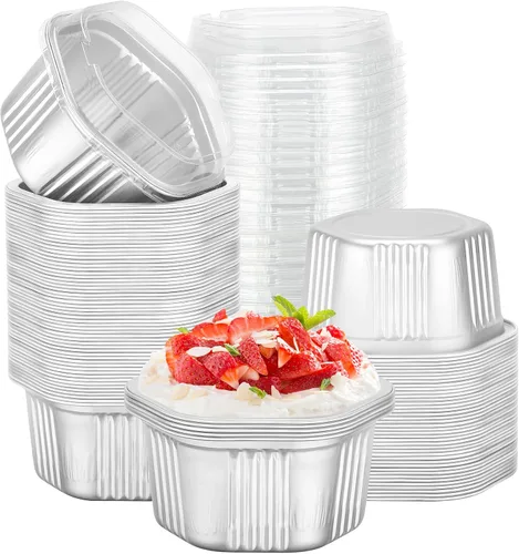 Vista 31 de Beasea Tazas desechables para hornear con tapas, juego de 50 unidades, 13.5 oz 400 ml, ramekins de aluminio con tapa de papel de aluminio, moldes