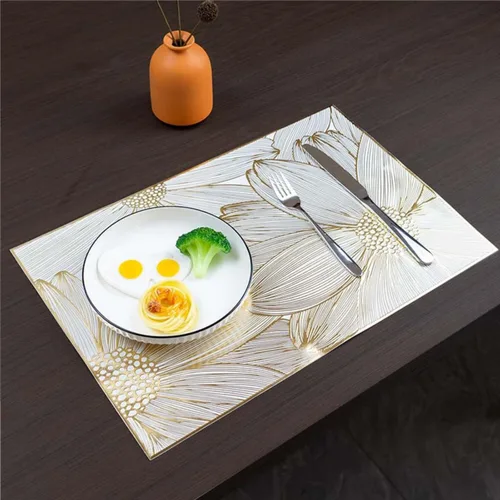Vista 5 de Juego de 6 manteles individuales cuadrados dorados para mesa de comedor, de vinilo prensado, manteles individuales metálicos lavables y lavables