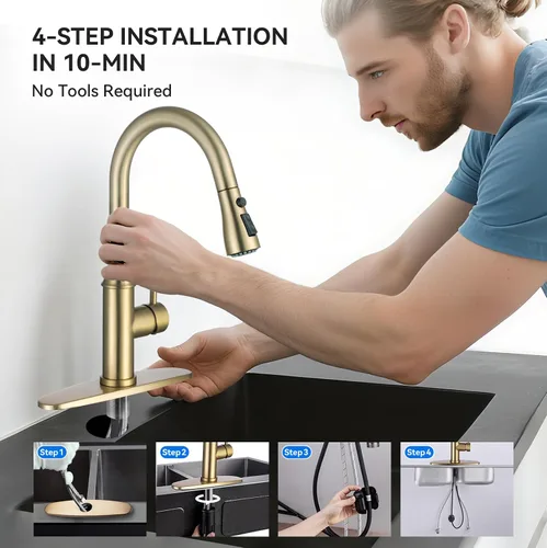 Vista 6 de Grifo de cocina dorado con rociador, grifo de fregadero de cocina de una sola manija con rociador extraíble, bronce champán, Arofa Pull down, 360°
