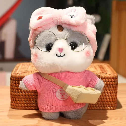 Vista 3 de Juguete de peluche de pato con 9 trajes y accesorios para combinar con ropa de vestir para niños (12 pulgadas) (gato gris)