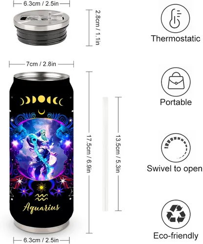 Vista 3 de Aquarius - Vaso de acero inoxidable del zodiaco para hombres y mujeres, regalo de cumpleaños para fanáticos de la astrología con tapa con pajilla