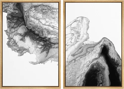 Vista 10 de SIGNWIN Lienzo enmarcado para pared, juego de arte con anillos de árbol de bosque grunge en blanco y negro, ilustraciones de naturaleza silvestre
