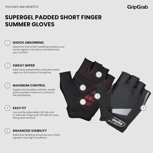 Vista 2 de GripGrab SuperGel - Guantes acolchados de medio dedo para ciclismo de verano, guantes de ciclismo para hombres, guantes de ciclismo sin dedos