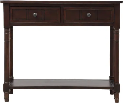 Vista 7 de Merax Mesa de sofá de madera maciza con 2 cajones de almacenamiento y estante inferior, mesa de consola para sala de estar, pasillo, espresso