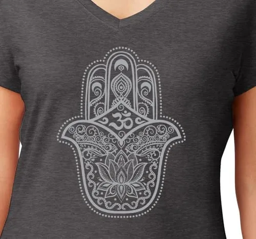 Vista 4 de Camiseta de yoga con cuello en V para mujer, color gris Hamsa, absorbe la humedad