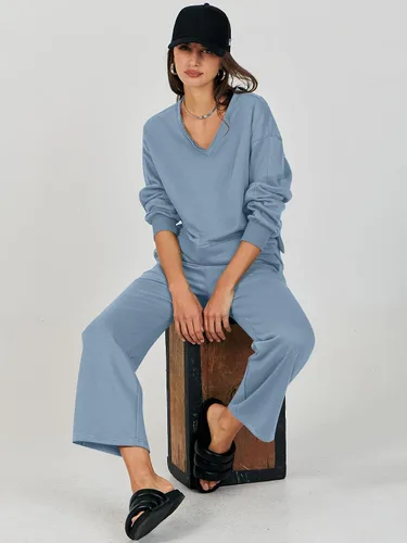 Vista 7 de ANRABESS Conjunto de dos piezas para mujer, conjunto de manga larga con cuello en V y pantalones de pierna ancha