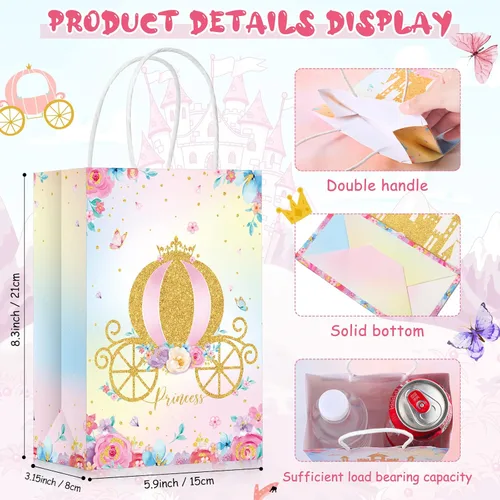 Vista 3 de Sepamoon 24 bolsas de regalos de princesa, con temática de princesa, corona, castillo, con asas, para cumpleaños de niñas y niños, decoraciones