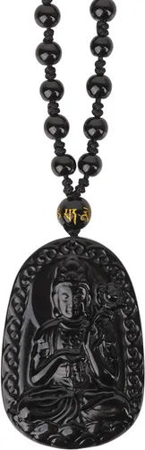 Vista 13 de Obsidian Guardian Buddha Amulet - Zodiac Feng Shui Necklace, symbolizing wisdom and wealth