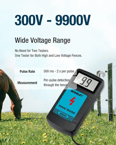 Vista 2 de ALLOSUN Probador de cerca eléctrica Localizador de fallas Probador de voltaje de cerca eléctrica digital Max 9.9kV, Azul (EM555)