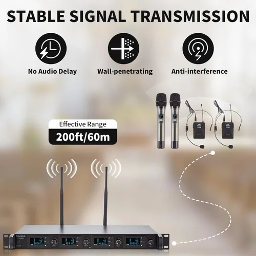 Vista 2 de Sistema de micrófono inalámbrico de 4 canales UHF, 2 micrófonos de mano inalámbricos y 2 micrófonos de diadema Lavalier para karaoke, iglesia