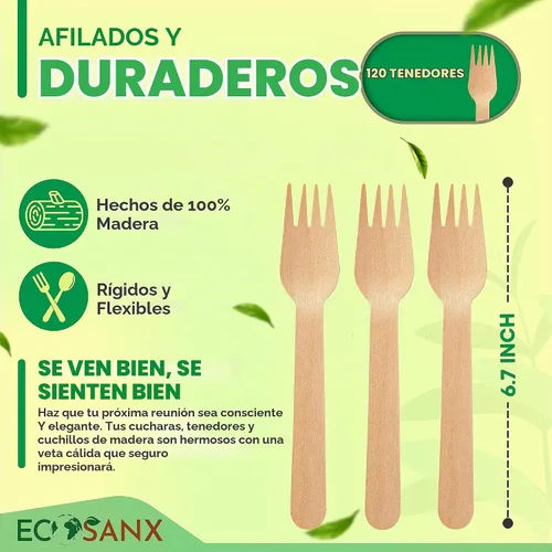 Vista 2 de ECOSANX® 120 piezas de tenedores de madera para comer de 16.5 cm libres de astillas, compostables, juego de cubiertos de madera ecológico