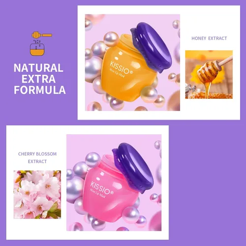 Vista 2 de KISSIO Máscara labial, juego de máscara de labios de miel y cereza, reparación de labios día y noche, extracto de plantas, hidrata durante la noche