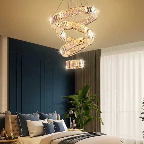 Vista 4 de Candelabro LED de 4 anillos para comedor, moderna lámpara de cristal colgante, lámparas de techo alto para dormitorio, sala de estar, comedor