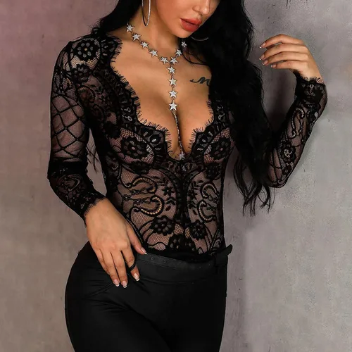 Vista 3 de Enterizo de malla transparente para mujer, de manga larga, con cuello en V, sexy, malla delgada, retazos