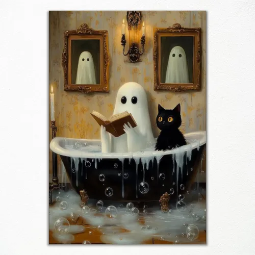 Vista 20 de Póster de fantasma y gato negro en la bañera, arte de pared en lienzo de Halloween de Whimsigoth, pintura de fantasmas y flores, imagen espeluznante