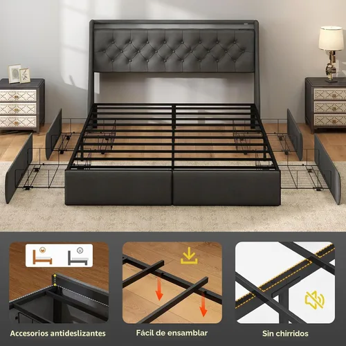 Vista 6 de SADENICEL Full Size Bed Frame with 4 Storage Drawer, Full Bed Frame, Grey