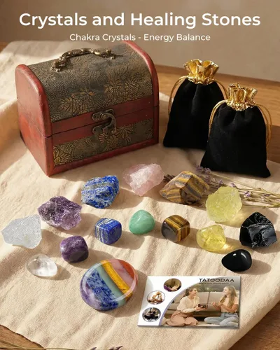 Vista 2 de Cristales y piedras curativas, juego de 21 piezas de cristales curativos, juego de 7 piedras de cristal de chakras, pirámide de selenita cruda