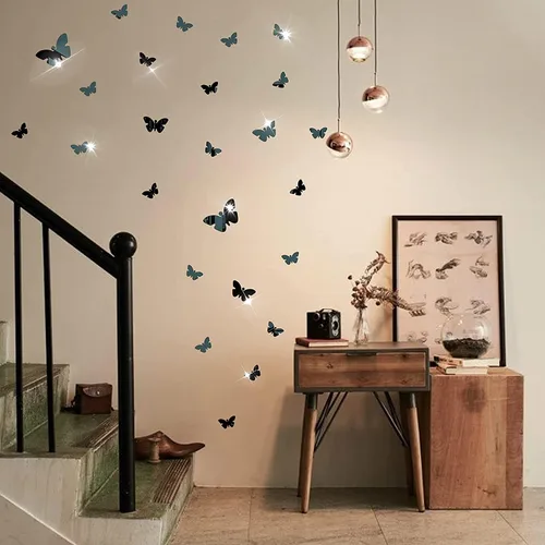 Vista 3 de Decoración de pared de espejo de mariposa, 50 calcomanías de pared de mariposa de espejo acrílico 3D extraíbles, calcomanías de pared autoadhesivas