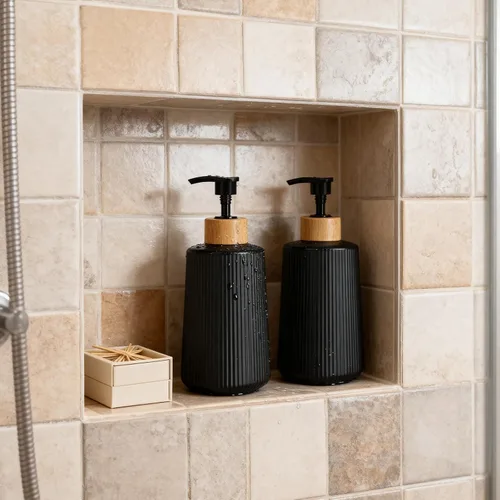 Vista 6 de Dispensador de jabón de vidrio negro, dispensador de jabón de manos de vidrio grueso para baño, botellas de líquido para lavar platos de cocina