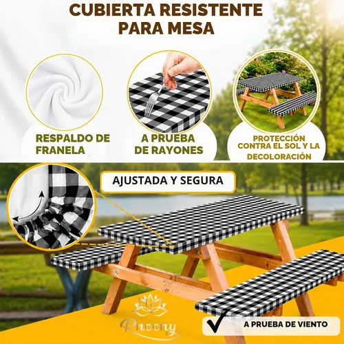 Vista 3 de RNOONY Cubierta de Mesa de Picnic de Vinilo Ajustable con Fundas de Banco y Bolsa, Mantel de 6 pies para Exteriores Impermeable y Resistente al