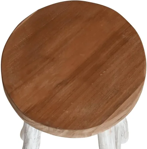 Vista 4 de Taburete de bar de madera maciza de teca, hecho a mano, marrón y blanco, 29.9 pulgadas de altura, diseño rústico, taburete de madera para cocina