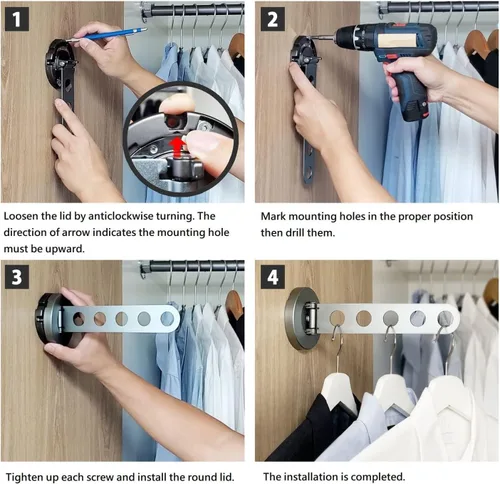 Vista 6 de Greatim - Colgador de pared para colgar ropa, colgador de ropa plegable para pared, organizador de armario que ahorra espacio, sistema de colgar