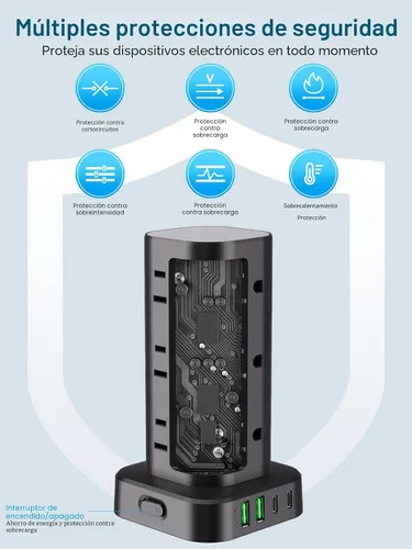 Vista 8 de Regleta de alimentación con cargador inalámbrico, protector de sobretensiones de enchufe plano con cable de extensión de 6 pies, 12 tomas