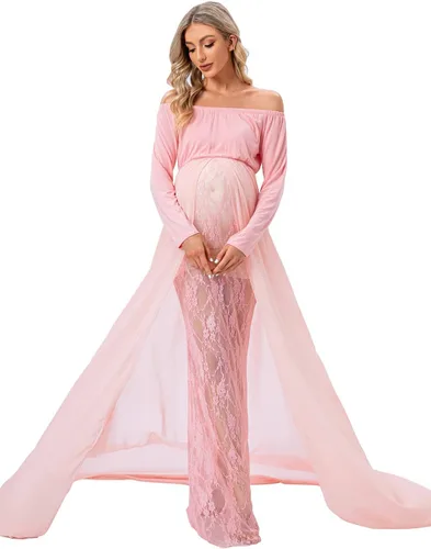 Vista 3 de ZIUMUDY Vestido de maternidad para sesión de fotos de manga larga con hombros descubiertos, vestido de encaje ajustado con capa larga de gasa trian