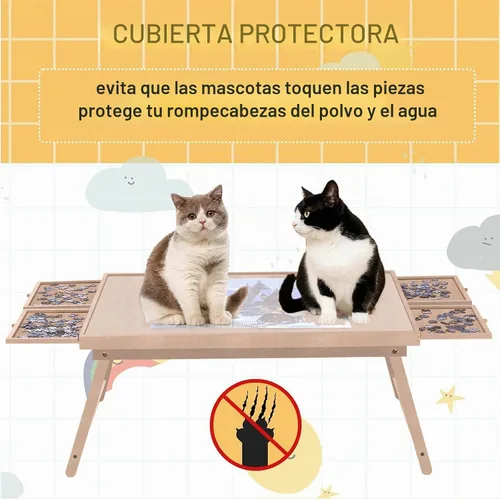 Vista 4 de Mesa de rompecabezas con cajones, 1500 piezas, tablero de rompecabezas y patas plegables (color almendra)