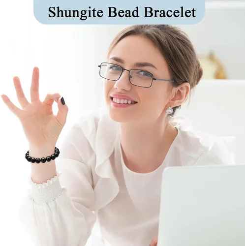 Vista 5 de Hicarer 2 pulseras de shungita negras con cuentas de shungita, piedras elásticas de cristal, joyería energética, poderoso defensor espiritual