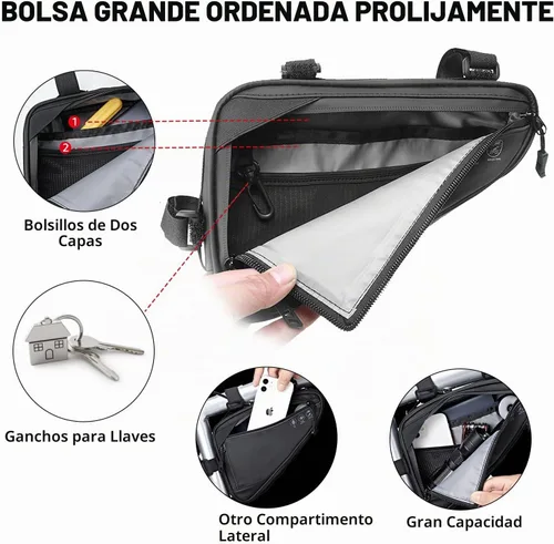 Vista 3 de Bolsa de almacenamiento para cuadro de bicicleta WOTOW, bolsa triangular reflectante resistente al agua con dos bolsillos laterales, bolsa