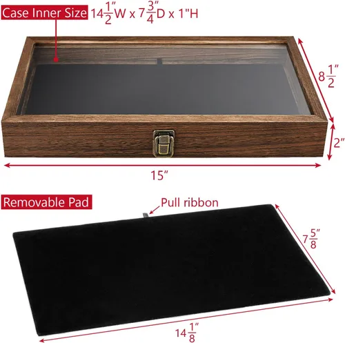 Vista 2 de MOOCA Estuche de exhibición de joyería de madera con tapa de vidrio templado y almohadilla de exhibición de joyería de terciopelo MDF lujoso negro