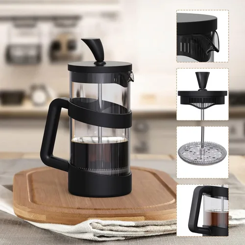Vista 7 de RAINBEAN Mini cafetera de prensa francesa, 12 onzas, olla de prensa de café para campamento, prensa francesa pequeña, prensa de té y leche espumada