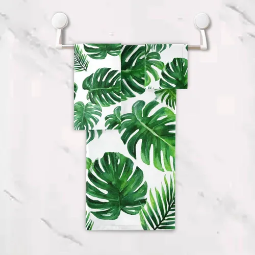 Vista 5 de Vdsrup Juego de 3 toallas de baño de verano con hojas de palma tropical, toallas de mano de hojas de selva tropical, toalla suave y fina