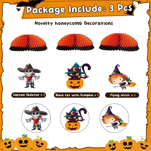 Vista 2 de Adornos colgantes de Halloween para exteriores, adornos colgantes grandes de Halloween para árbol, 3 adornos de bola de panal de abeja de Halloween