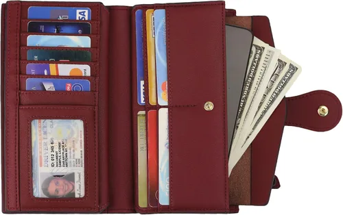 Vista 2 de Travelambo Cartera de mano de cuero genuino encerado de gran capacidad para mujer con bloqueo RFID