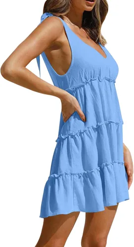 Vista 4 de AIMCOO Vestido sin mangas con lazo en el hombro para mujer, con volantes, cuello en V, cintura alta, suelto, vestido de babydoll liso