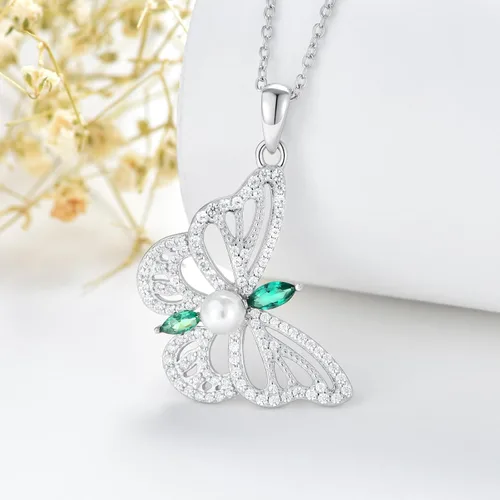 Vista 5 de Zoeniya Collares de mariposa para mujeres y niñas, joyería de plata de ley, collar de perlas cultivadas de agua dulce con circonita cúbica, regalo