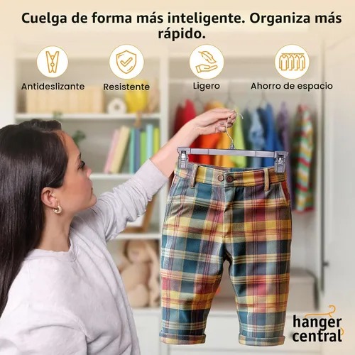 Vista 4 de Paquete de 30 perchas para pantalones, perchas delgadas de plástico de 10 pulgadas con clips para faldas, pantalones, pantalones cortos, organizador