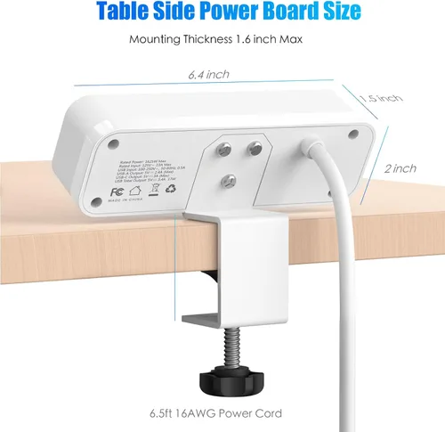 Vista 6 de Regleta de alimentación con abrazadera de escritorio con 2 puertos USB-A y 1 USB-C, 3 salidas de CA, cable de 6 pies, se adapta a borde de mesa