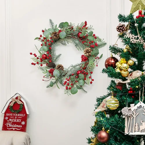 Vista 5 de Pauwer Corona de Navidad con bolsa de almacenamiento, coronas de Navidad para puerta delantera, corona de Navidad al aire libre decorada con bayas