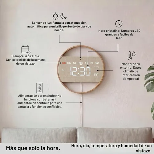 Vista 4 de Driini Reloj de pared digital grande – Reloj de pared de madera de bambú digital redondo con pantalla grande – Reloj de pared LED – Atenuación