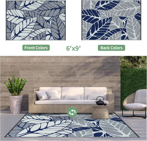 Vista 2 de GENIMO - Alfombra para exteriores de 6 x 9 pies, para patio, espacios amplios, reversible, de pajillas de plástico, alfombra impermeable para Azul
