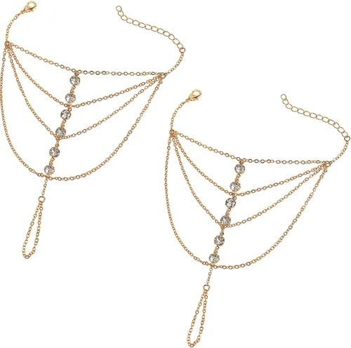 Vista 8 de Suyi Pulsera de anillo de dedo, arnés de mano, pulsera de cadena de diamantes de imitación, regalos para mujeres 2 piezas oro