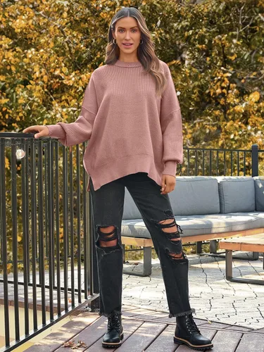 Vista 48 de Lillusory - Suéter extragrande con mangas de murciélago y cuello redondo para mujer, prenda moderna de otoño de tejido de punto sin botones