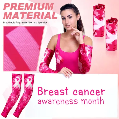 Vista 4 de Xtinmee 24 pares de mangas de concientización sobre el cáncer de mama, cinta rosa, compresión deportiva de compresión, mangas de brazo